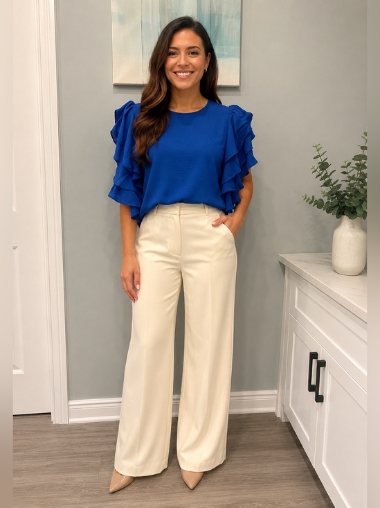 Zenana Outfitters Tops - ZENANA RUFFLE TIER SLEEVES TOP CLASSIC BLUE